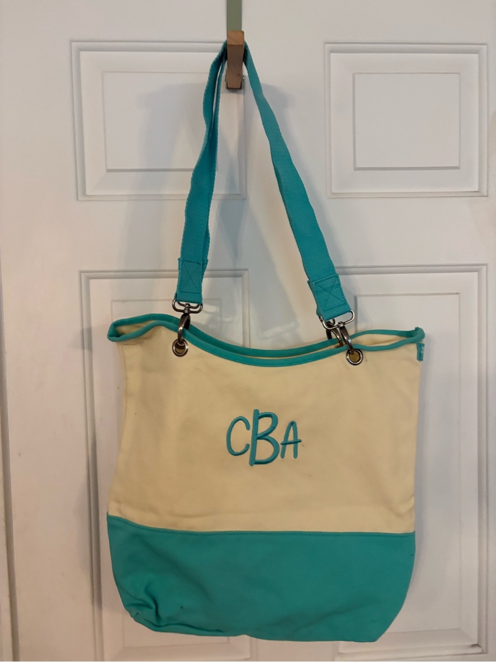 thirty-one Cream & Turquoise Monogram Canvas Tote